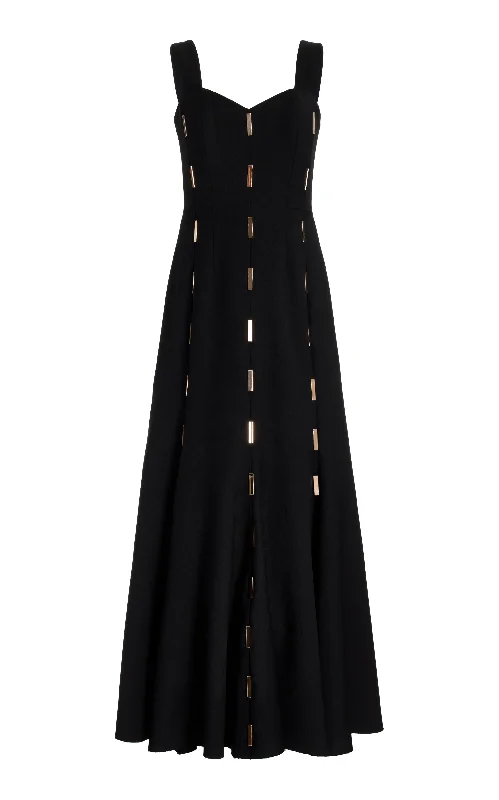 Cool Prices Gail Dress in Black Sportswear Wool with Gold Bars