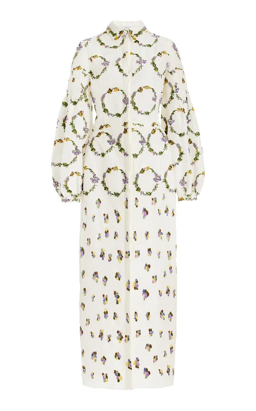 End Of Season Clearance Mauri Embroidered Shirtdress in Ivory Linen Silk