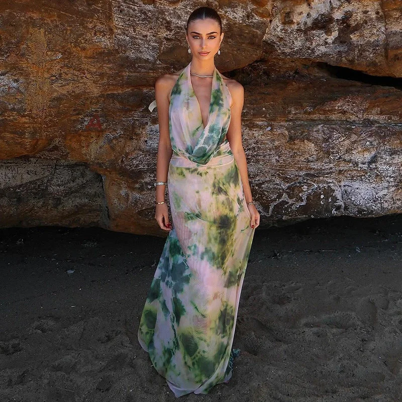 Lighten Up With Nordic Styles 2pcs Tie Dye Printing Deep V-neck Suits Fashion Halter Backless Long Dresses For Beach Party Womens Clothing