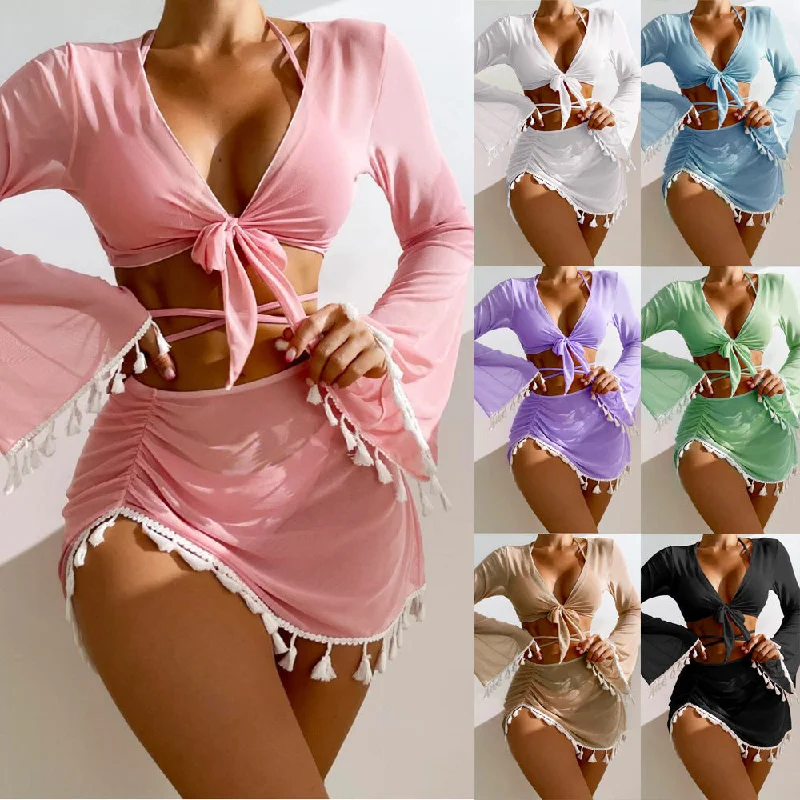 Fashion Frontiers 4pcs Solid Color Bikini With Short Skirt And Long Sleeve Cover-up Fashion Bow Tie Fringed Swimsuit Set Summer Beach Womens Clothing