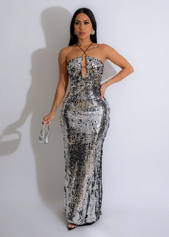 Chic Wardrobe Being Eternal Sequin Maxi Dress Silver