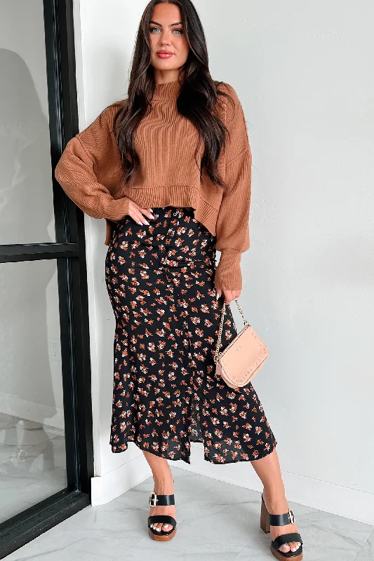 Find Your Unique Flair Fashionable Poise Button Detail Floral Midi Skirt (Black)