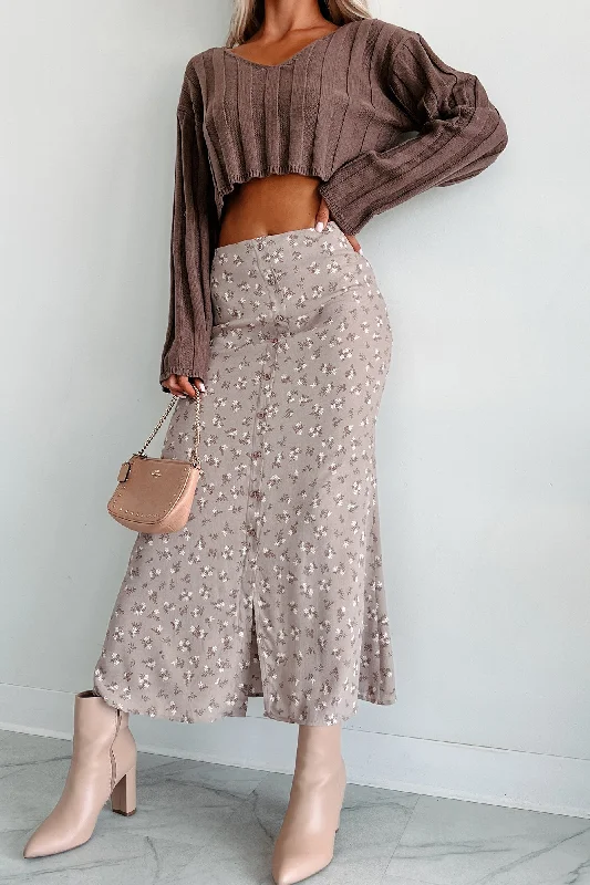 High End Designer Brands Discount Fashionable Poise Button Detail Floral Midi Skirt (Light Mocha)