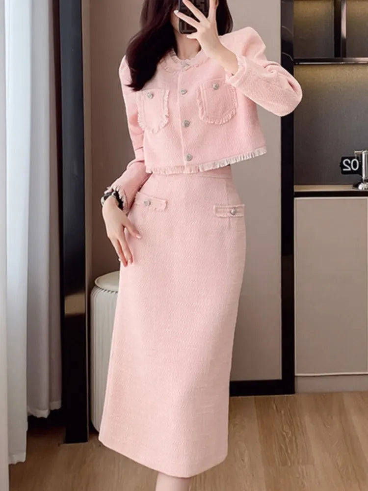 Fashion Sale French Elegant Women Pink 2 Pieces Set 2023 Autumn Tassel Long Sleeve Coat A-line Chic Midi Skirt Spring Y2k Lady Dress Suits