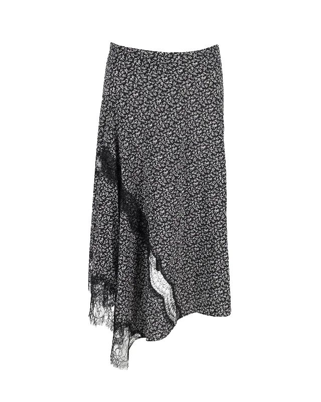 Art Deco Geometric Pattern Look Joseph Lace-Trimmed Floral Midi Skirt in Black Silk