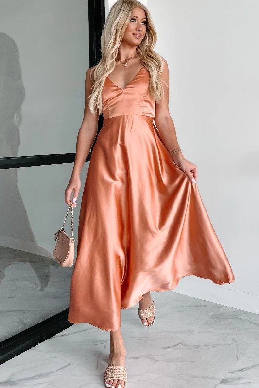 New In This Season Luxurious Poise Satin Midi Dress (Light Rust)