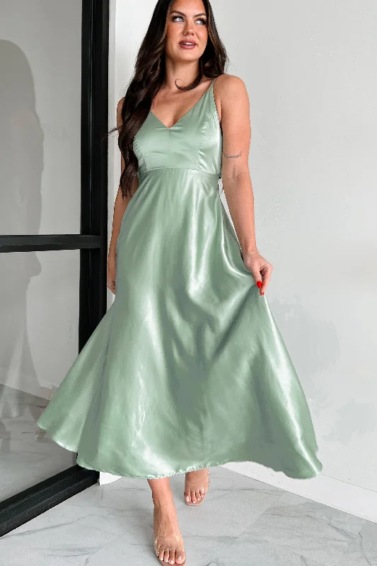 Spring Fashion Luxurious Poise Satin Midi Dress (Pastel Sage)