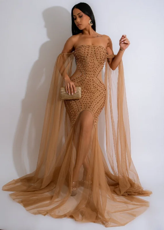 High End Women's Wear Maximum Radiance Rhinestone Maxi Dress Nude