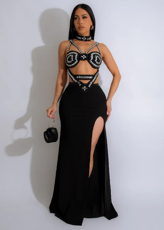 Everyday Glamour Noir Glamour Rhinestones Maxi Dress Black