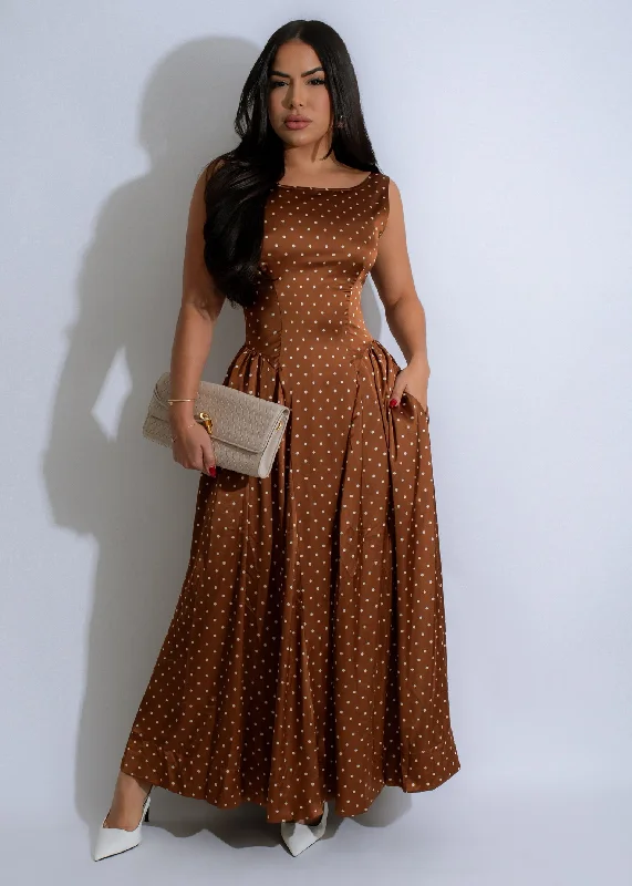 Chic Urban Fashion Look Polka Serenade Satin Midi Dress Brown