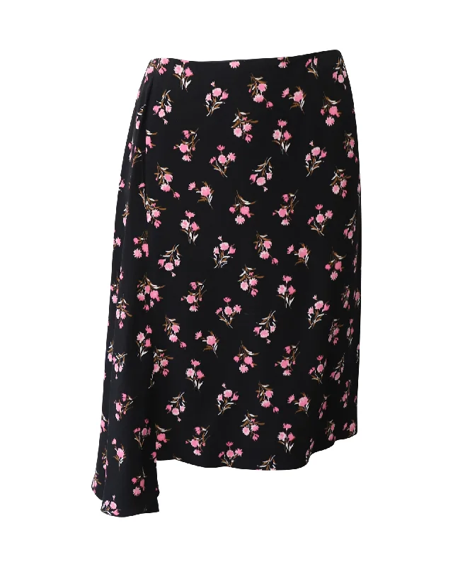 Refined Simplicity Prada Floral-Print Midi Skirt with Draped Detail in Black Viscose