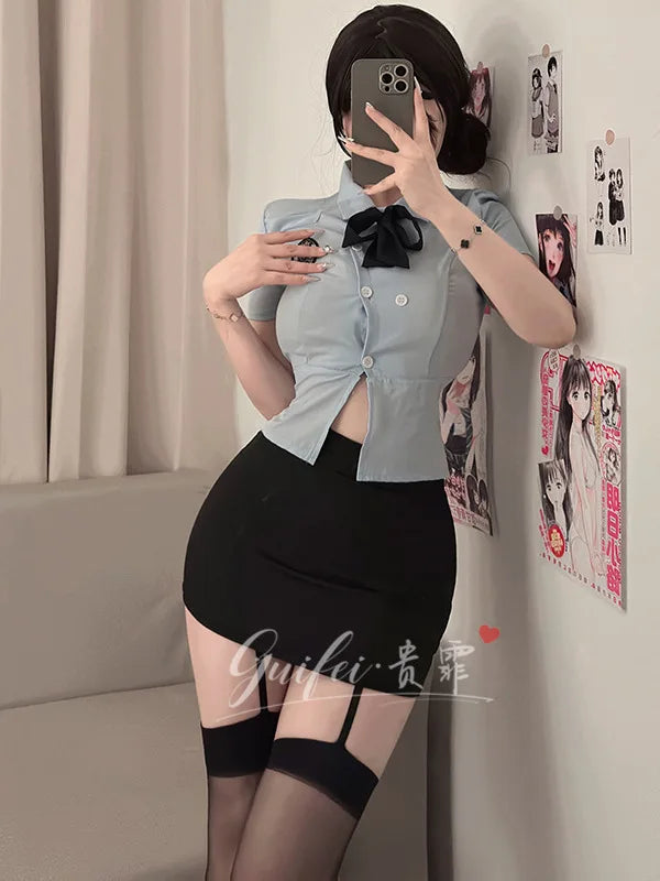 New Season Fashion Preview Sale Sexy Female  Officer Professional Suit Role-playing Student Tight Fitting Short Sleeve Wrap Buttocks Skirt  Two Piece Set XYY9