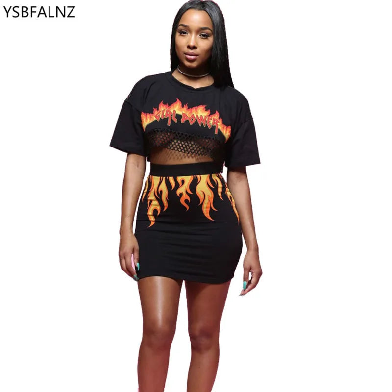 Weekend Special Summer 2 Piece Set Women Fire Flame Print Back See Through Sexy Mesh Crop Top Mini Skirt Club Outfit Two Piece Matching Sets New