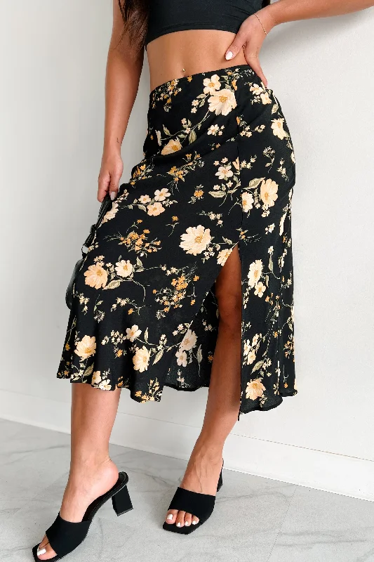 Seasonal Picks Sweet Tendencies Floral Midi Skirt (Black Multi)