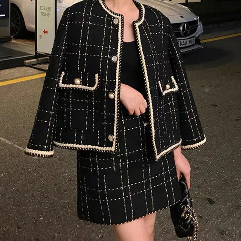 Laid-Back Elegance Women Fried Street Tweed Suit 2023 New Spring Autumn Wool Jacket + Skirt Female Fashion Loose Tweed Skirts Two-Piece Set