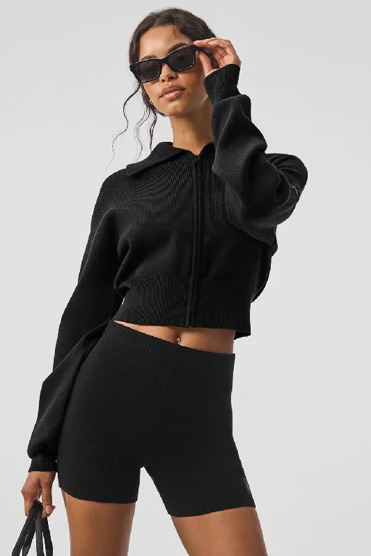 Everyday Basics Scholar Knit Cropped Full Zip Jacket - Black