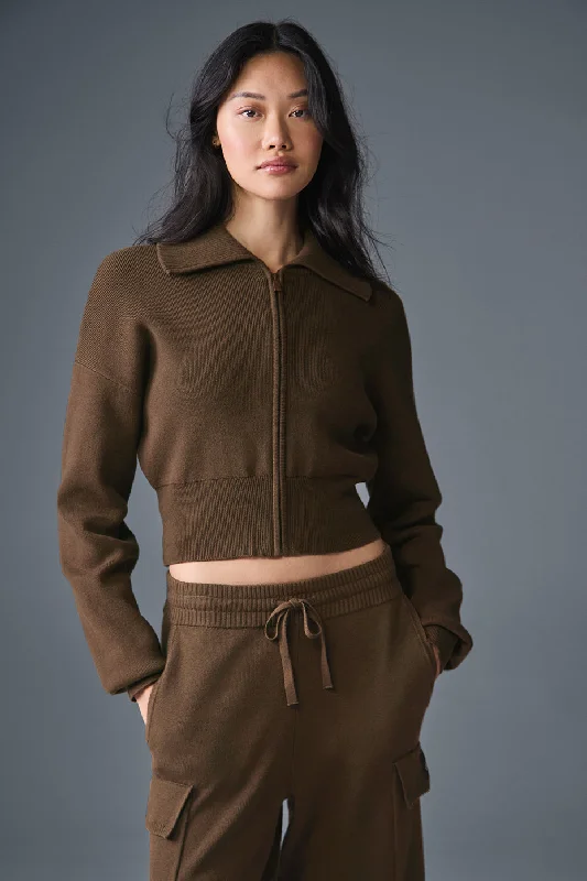 Quick Grab Deals Scholar Knit Cropped Full Zip Jacket - Espresso