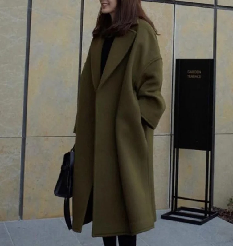 Laid-Back Elegance Womens Army Green Relaxed Fit Fall Overcoat