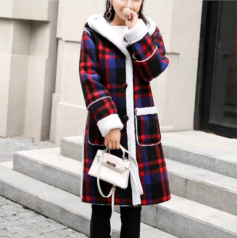 Sophisticated Style Womens Checkered Coat With Hood