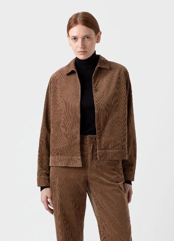 Casual Weekend Relaxed Style Women's Corduroy Boxy Jacket in Dark Camel