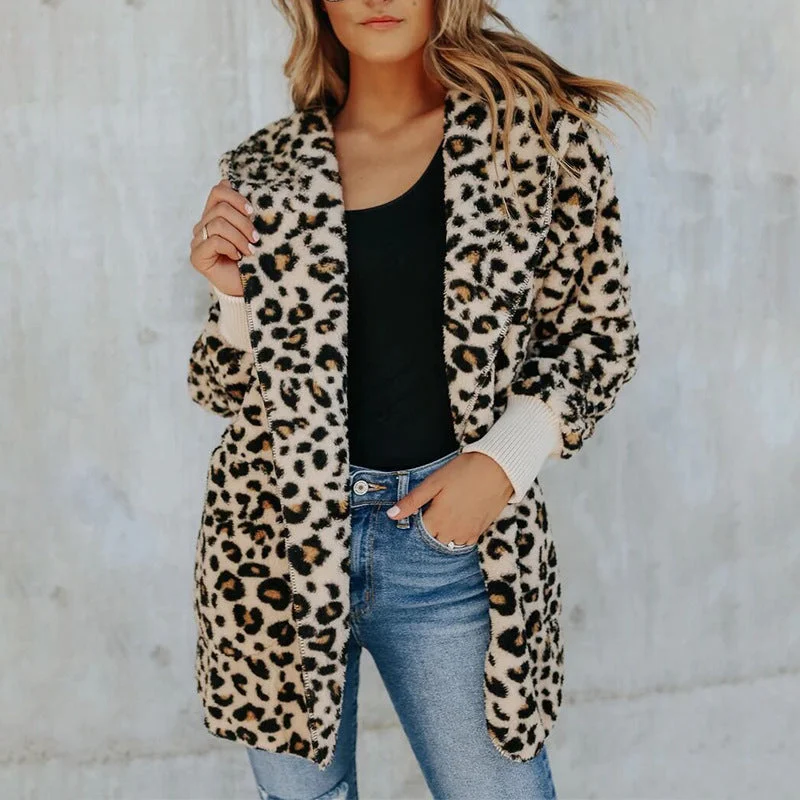 Chic Outfits Women's Fashion Slim Leopard Print Hooded Coat